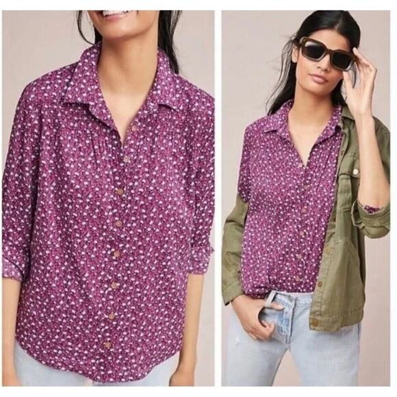 Anthropologie Maeve Calico Ditzy Floral Purple Button Down Shirt Blouse Size‎ 4 - Picture 1 of 10